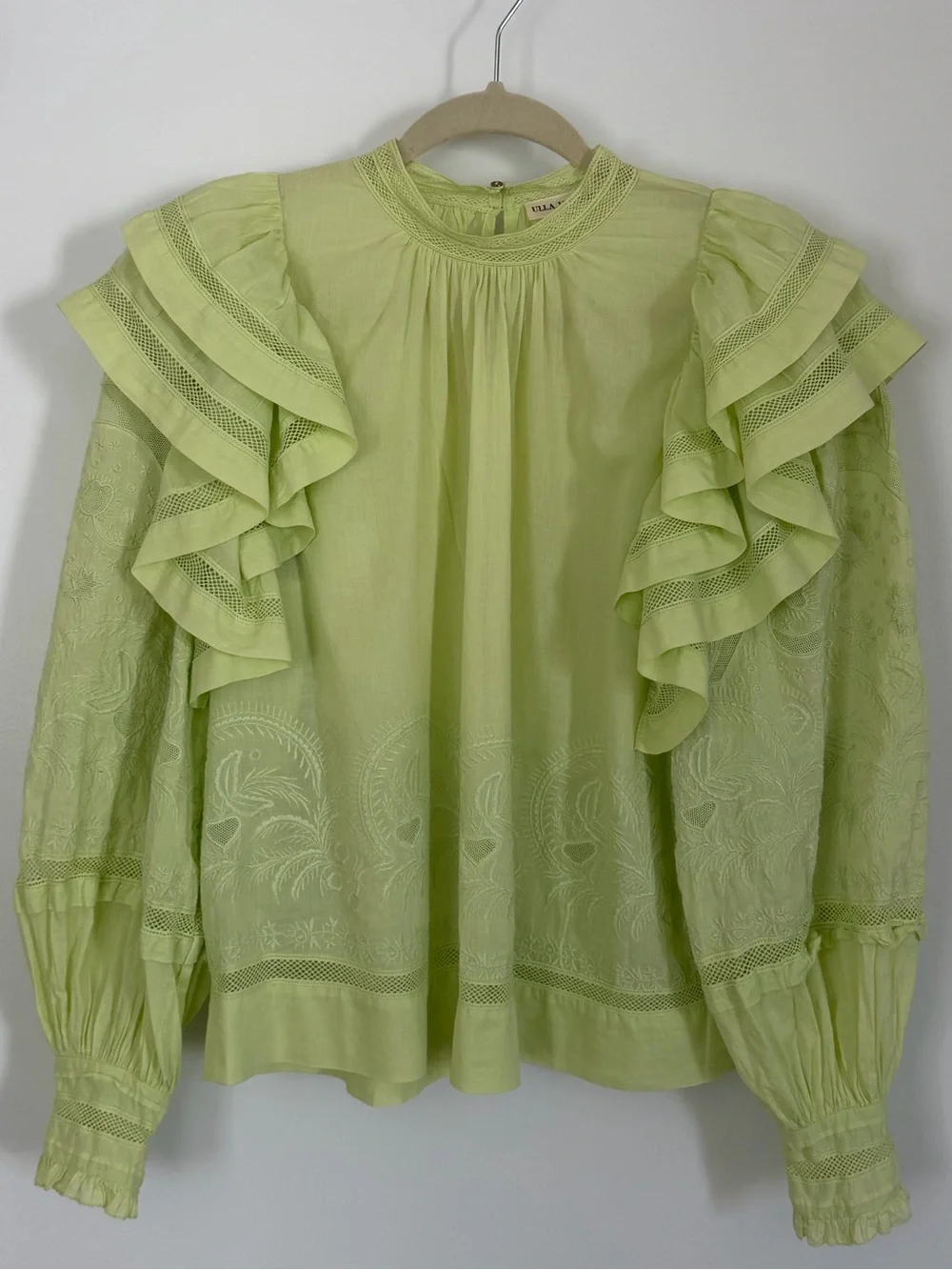 Ulla Johnson Annetta Pistachio Embroidered Ruffle Blouse Size 4